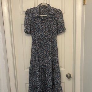 SOLD BTFBM Dress Midi Blue Floral V Neck Tiered Short Sleeve Floral